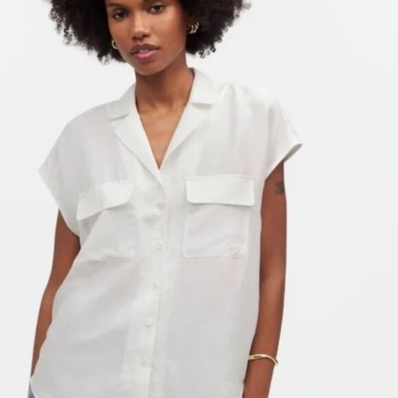 Madewell Ivory Button-Down Cap-Sleeve Utility Shirt -- 100% Silk -- size XL - Picture 2 of 8